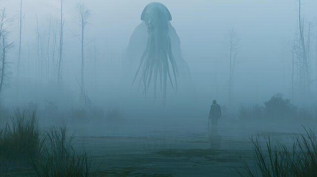 Fog covers a marsh as a large creature looms over a person walking on a path in the early morning
