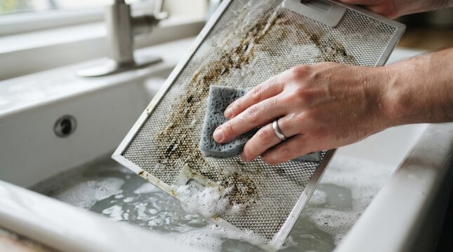 Person cleaning greasy metal range hood filter in kitchen sink with sponge for home maintenance and appliance care