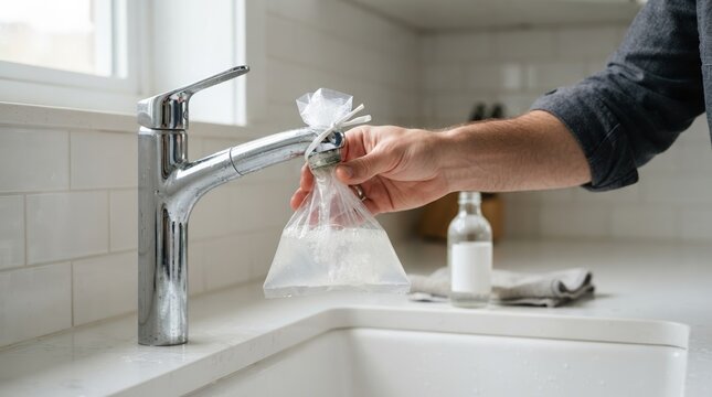 Person cleaning kitchen faucet aerator with vinegar in plastic bag for limescale removal DIY home maintenance hack