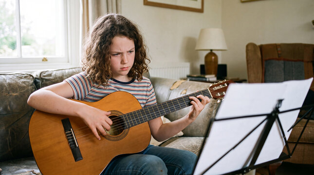 Young girl playing acoustic guitar while reading sheet music