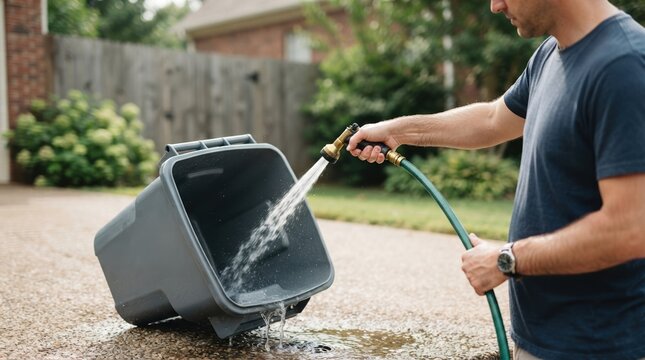 Caucasian man cleaning grey plastic trash bin with garden hose on driveway for home maintenance and sanitation