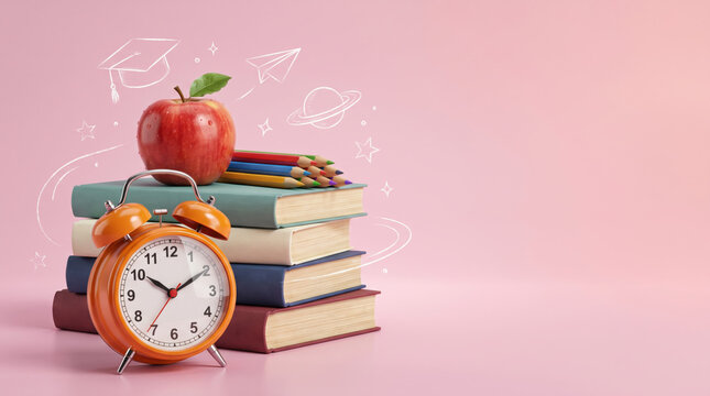 Back to school education background with stacked books, red apple, alarm clock and colored pencils on soft pink backdrop, symbolizing learning, classroom preparation, time management and academic succ
