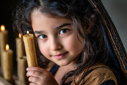 Moody child portrait candle warm light soft focus brown hair dark background emotional innocence closeup low light portrait of young girl with candle, warm glow face, deep gaze, soft focus