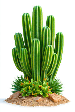 Organ pipe cactus isolated on white background with succulent plants and sand, desert garden composition