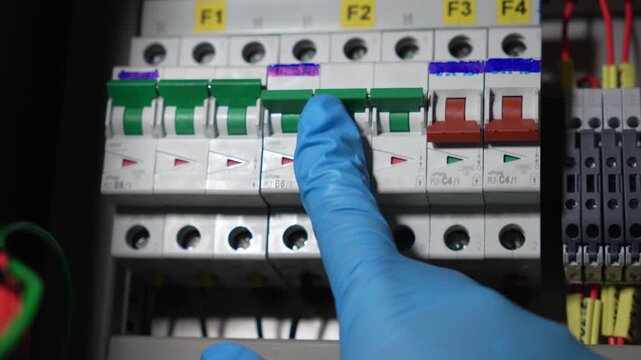 Industrial Technician Switching Circuit Breakers in Control Panel