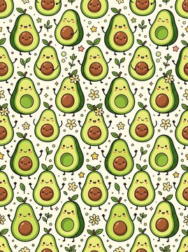 Cute avocado pattern with happy characters and floral details