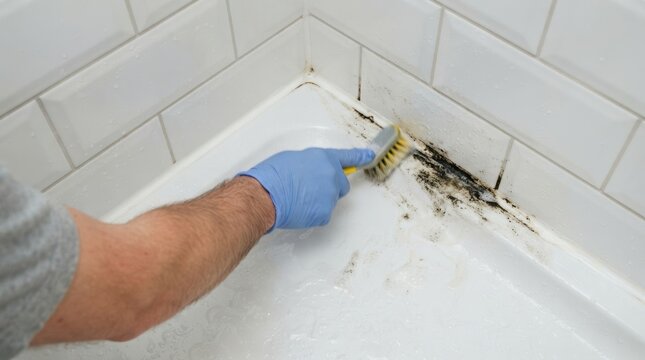 Person scrubbing black mold from shower tile grout with brush, deep cleaning bathroom maintenance and hygiene concept