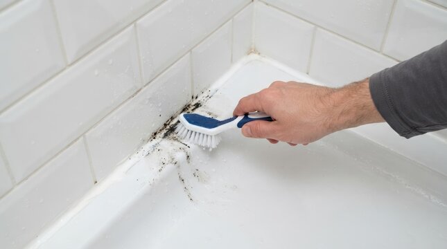 Person scrubbing black mold from shower tile grout with a cleaning brush for bathroom maintenance and hygiene