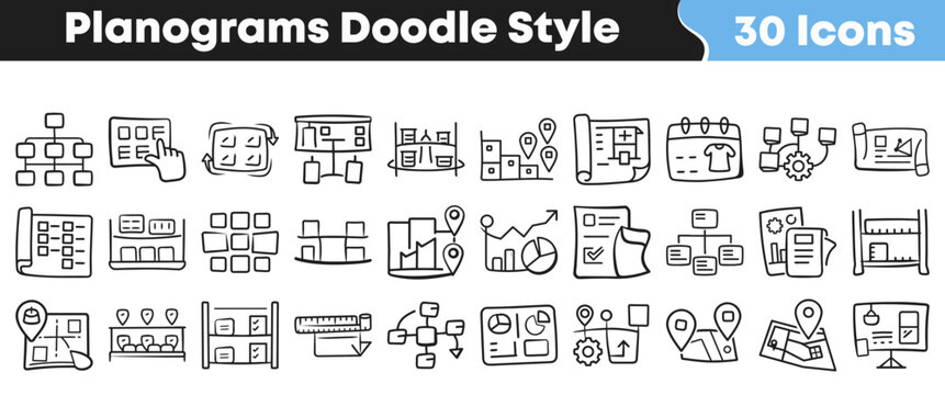 Collection of thirty hand drawn retail planogram icons doodle style