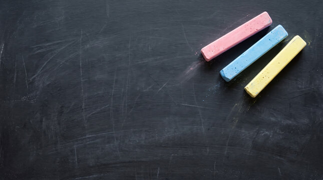 Three colorful chalk pieces on dark blackboard with copy space, representing back to school, education, classroom learning, teaching, creativity, academic preparation and school supplies.