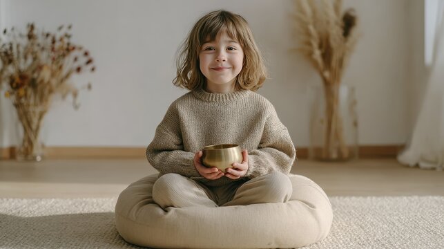 Smiling child with cozy sweater sitting indoors holding gold cup in minimalist room with dried plants