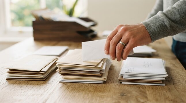 Caucasian man sorting stack of envelopes on wooden desk for administrative office work and mail organization
