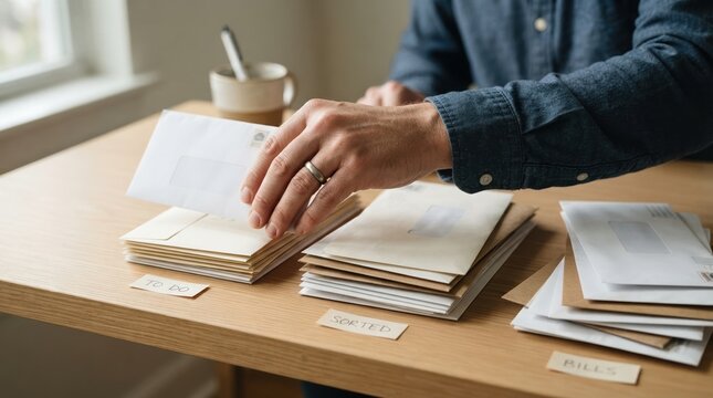 Adult man sorting personal mail into organized piles on a wooden desk for home financial management and productivity