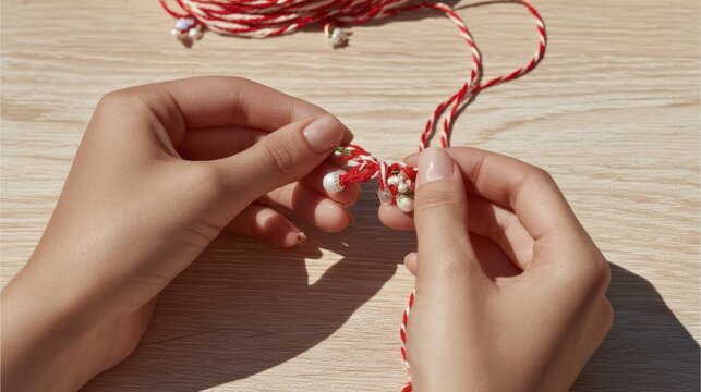 Crafting red and white braided bracelet with delicate hands on wooden surface