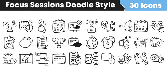Naklejka premium Collection of hand drawn doodle icons for focused work sessions