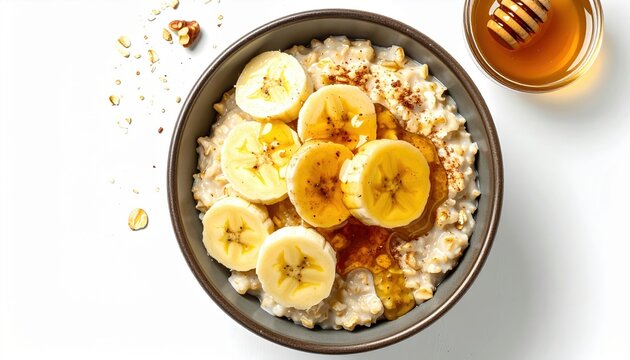 A crisp top view photograph of a warm bowl of oatmeal topped with fresh banana slices and a drizzle of honey, isolated on white.
