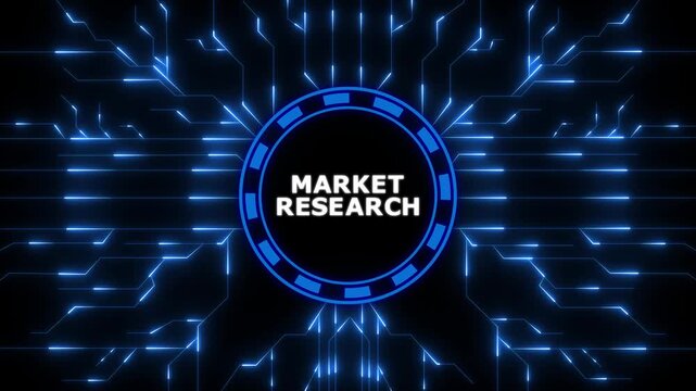 Digital interface animated market research title overlay on technology circuitry background,4k animation motion graphics.digital animation video.