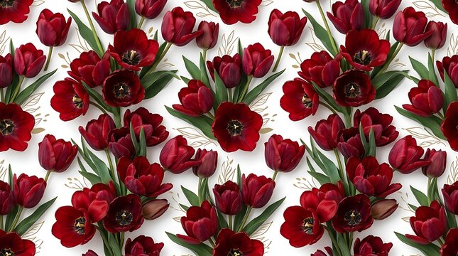 Red tulips seamless floral pattern with gold leaf outlines