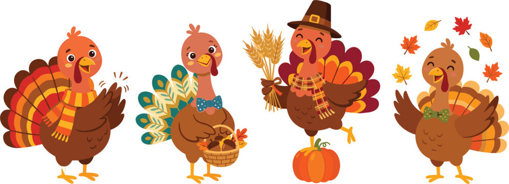 Cute thanksgiving turkey birds vector cartoon character set, with pilgrim hat pumpkins and autumn leaves