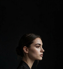 Fototapeta premium Minimalist young woman portrait with thoughtful expression and dark background