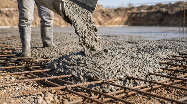 Close-up of concrete being poured onto a reinforced steel rebar grid for a building foundation, symbolizing construction, structural strength, engineering, infrastructure, and contractor work