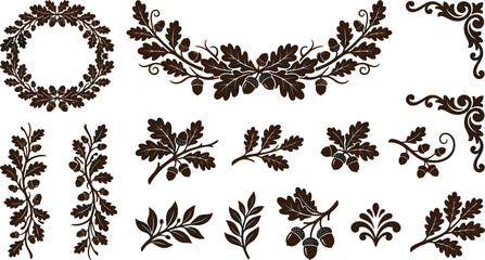 Set of oak leaf and acorn ornamental silhouette illustrations, featuring various wreaths, borders, and corner decorative designs © Afsana