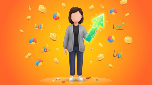 Professional character holding a glowing green growth arrow while surrounded by floating golden coins and financial charts in this bright and vibrant three dimensional digital illustration