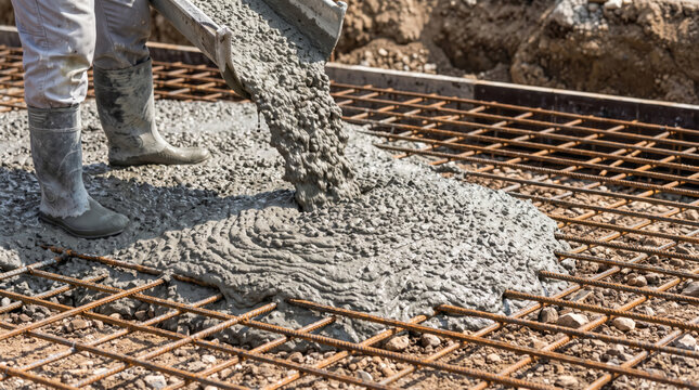 Wet concrete flowing onto rebar framework during foundation work at a construction project, representing construction, civil engineering, reinforced slab, infrastructure, and building site development