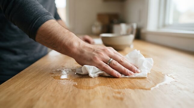 Adult male hand wiping water spill on wooden kitchen countertop with paper towel for home cleaning and maintenance concept