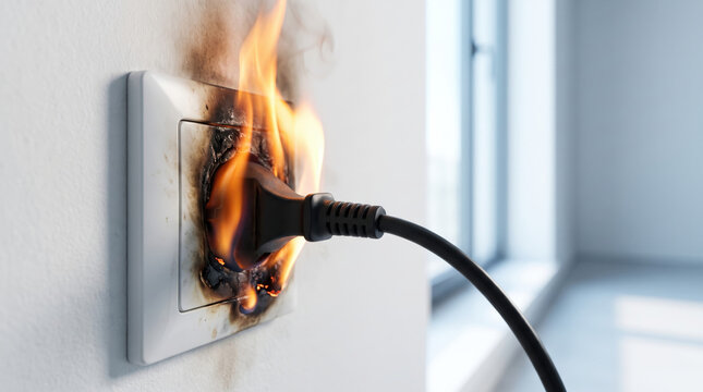 Close-up of a wall power outlet catching fire from an overheated electrical plug, representing electrical fire safety, short circuit, electrical failure, home safety, and dangerous wiring hazard