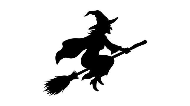 Helloween Halloween witch silhouette flying on broomstick, black sorceress vector icon, spooky female wizard character for holiday party invitations vector
