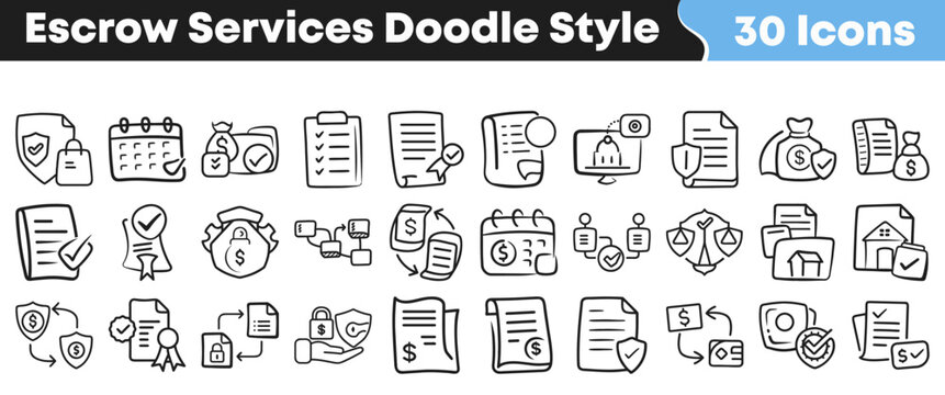 Set of thirty hand drawn escrow services icons in black ink