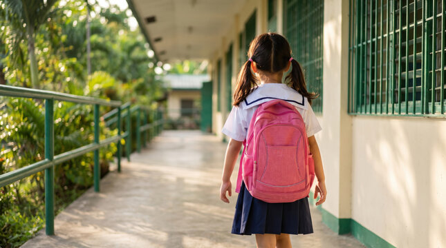Back to school scene with young girl in uniform walking down school corridor carrying pink backpack, rear view of student outdoors, education concept, tropical school building, childhood and learning