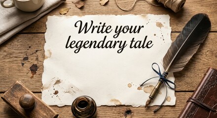 Vintage writing desk with quill pen, inkwell, and paper inscribed "Write your legendary tale" © ZulkifliRizal