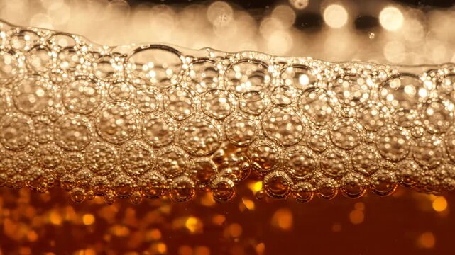 Beer foam bubbles moving and shimmering in extreme close up for beverage and brewing content