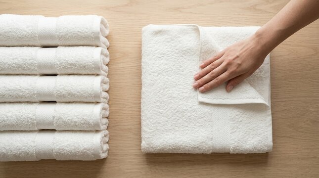 Stack of clean white towels and hand folding laundry on wooden table for hotel housekeeping or spa organization