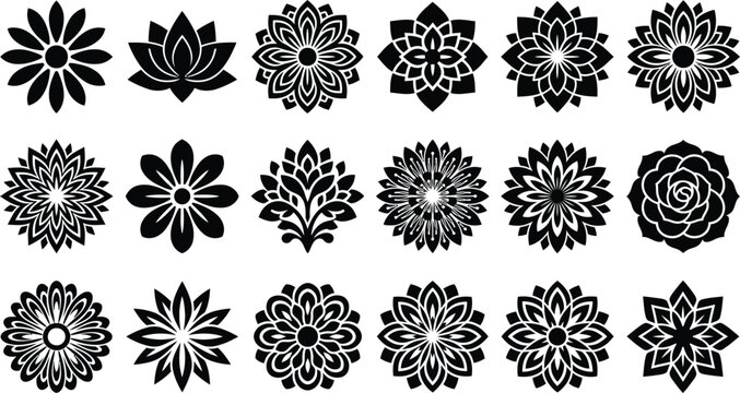 Fifteen distinct black and white floral and symmetrical mandala patterns arranged in a grid on a clean white background