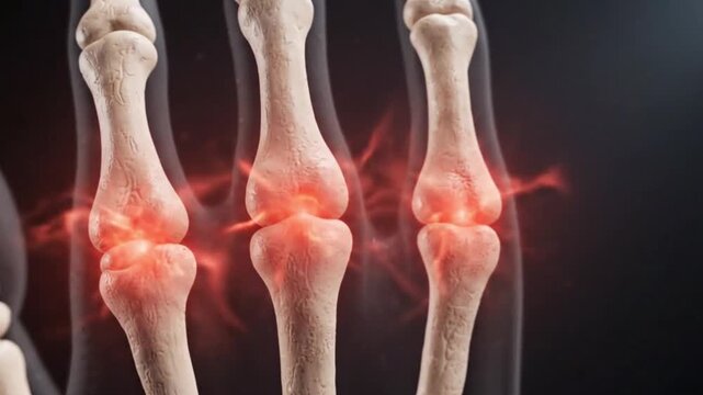 3d medical illustration of human hand bones with highlighted painful joints