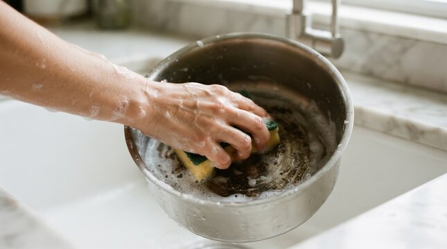 Adult woman washing dirty metal pot with sponge in kitchen sink for household chores and daily cleaning routine