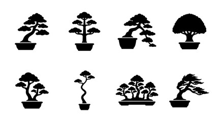 Obraz premium Bonsai Tree Silhouettes Vector Collection, Miniature Japanese Garden Plants, Zen Decor Icons, Elegant Black and White Botanical Art