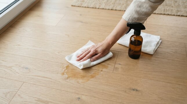Person cleaning a liquid spill on light oak hardwood floor with a white cloth and spray bottle for home maintenance
