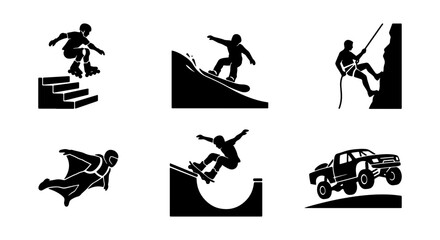 Extreme Sports Icons Set: Snowboarding, Skateboarding, Rock Climbing, Wingsuit Flying, Off-Road Truck, Vector Graphics © Harun
