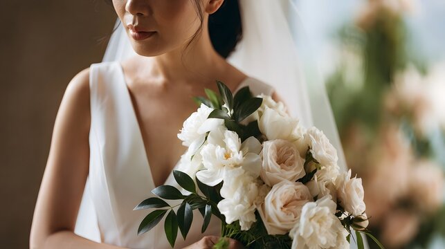 A bride in white gown holding a floral bouquet of roses and peonies under soft natural lighting