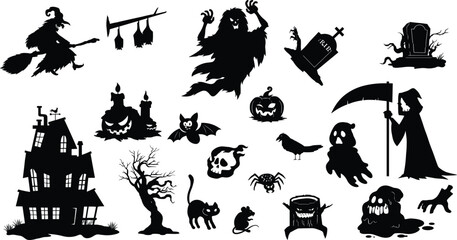 Obraz premium Set of black spooky Halloween silhouette icons featuring a haunted house, witch, ghost, and graveyard elements
