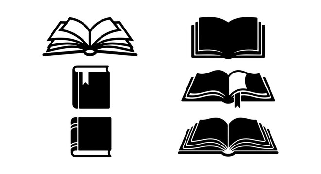 Set of 6 Open and Closed Book Icons, Vector Illustrations for Education, Knowledge, and Literature Concepts