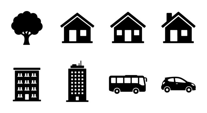 Urban Icons Set: Houses, Buildings, Tree, Bus, Car Vector Graphics for City Life and Real Estate Concepts