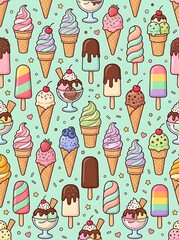 Colorful seamless pattern of ice cream cones and popsicles