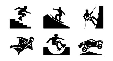 Extreme Sports Icons Set: Skateboarder, Snowboarder, Climber, Wingsuit Flyer, Off-Road Buggy, Vector Graphics © Mukta