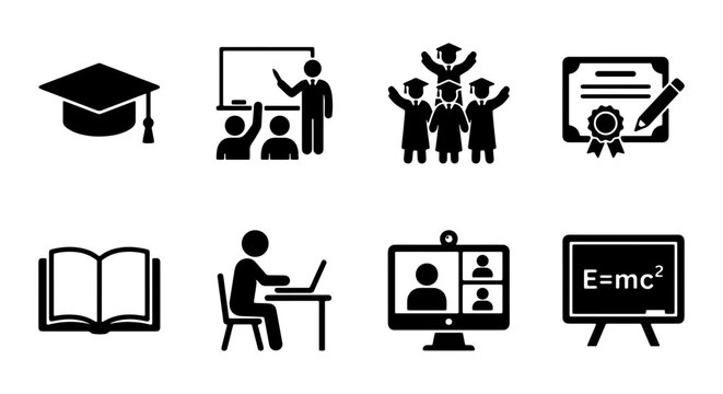 Education Icons Set: Graduation Cap, Classroom, Students, Diploma, Book, Online Learning, E=mc&sup2;, Vector Graphics