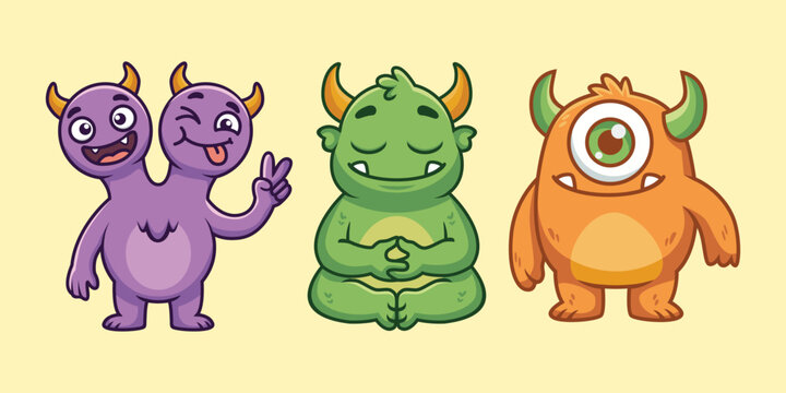 Cartoon illustration of three cute monsters in various poses.